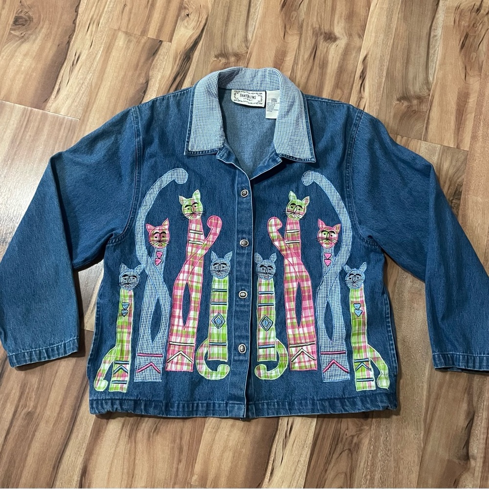 Vtg Tantrums Patchwork Cats Denim Lightweight Shi… - image 1